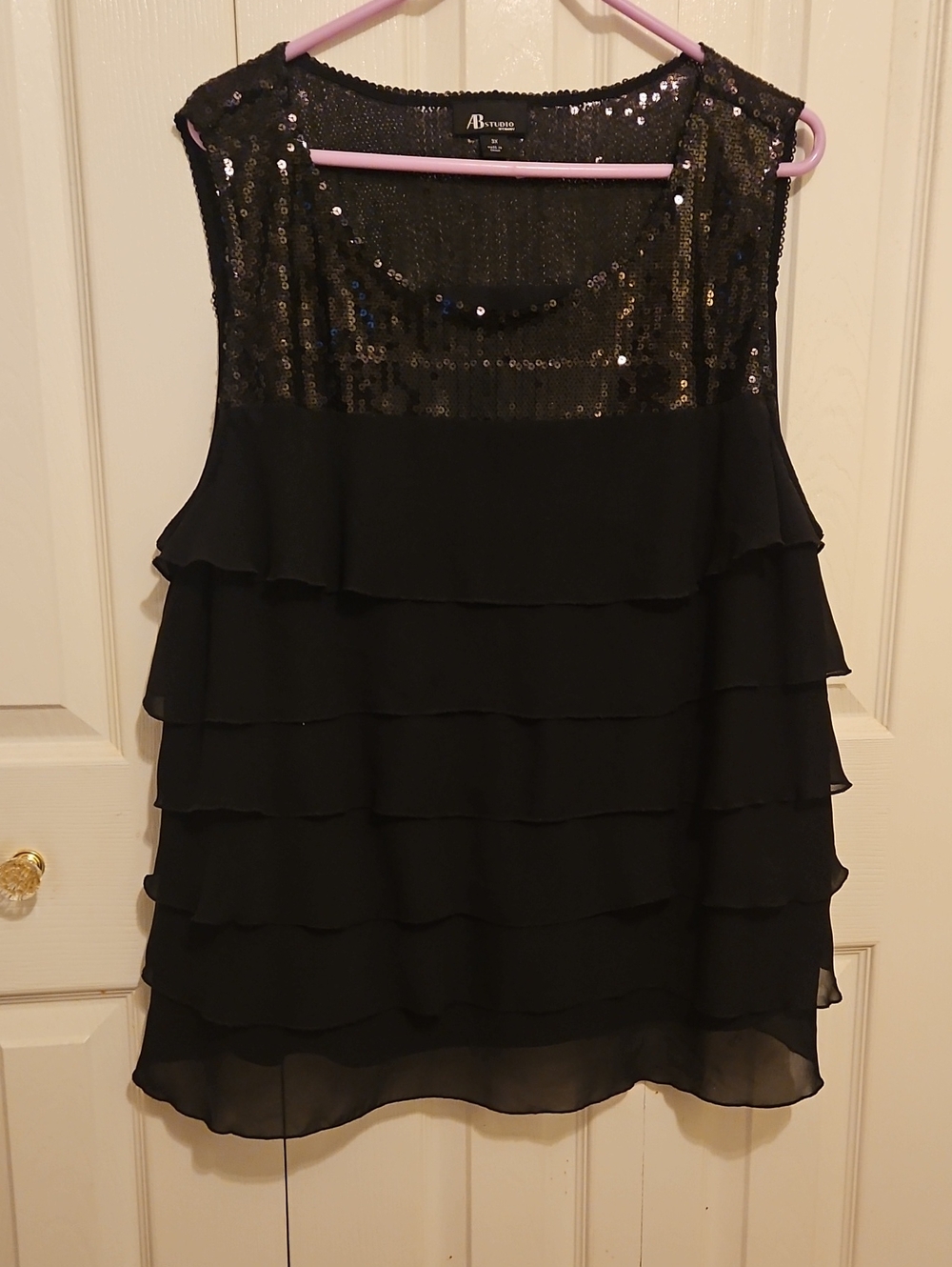 AB Studio Black Sequin Ruffle Chiffon Sleeveless Top